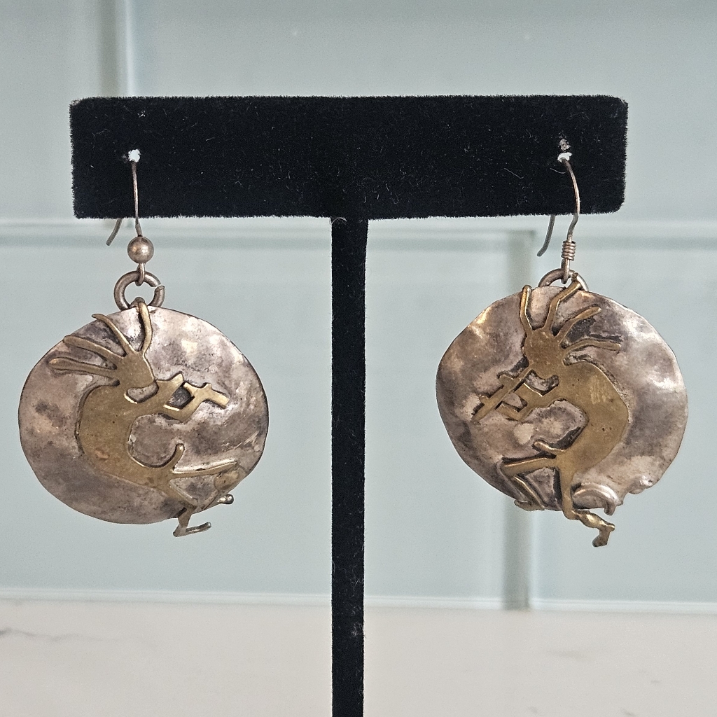 Vintage Zuni Native American Sterling Silver 12k Gf Kokopelli Disk Earrings